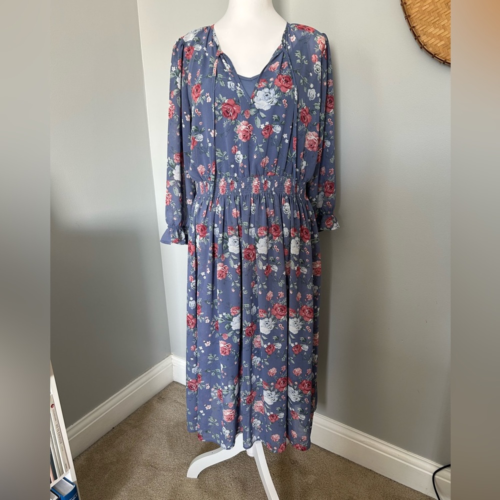 H&M Blue Floral Midi Dress | Size Medium